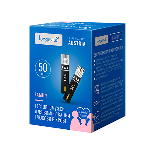 LONGEVITA Family Тестові смужки для вимірювання глюкози в крові (50х1) 50 шт.